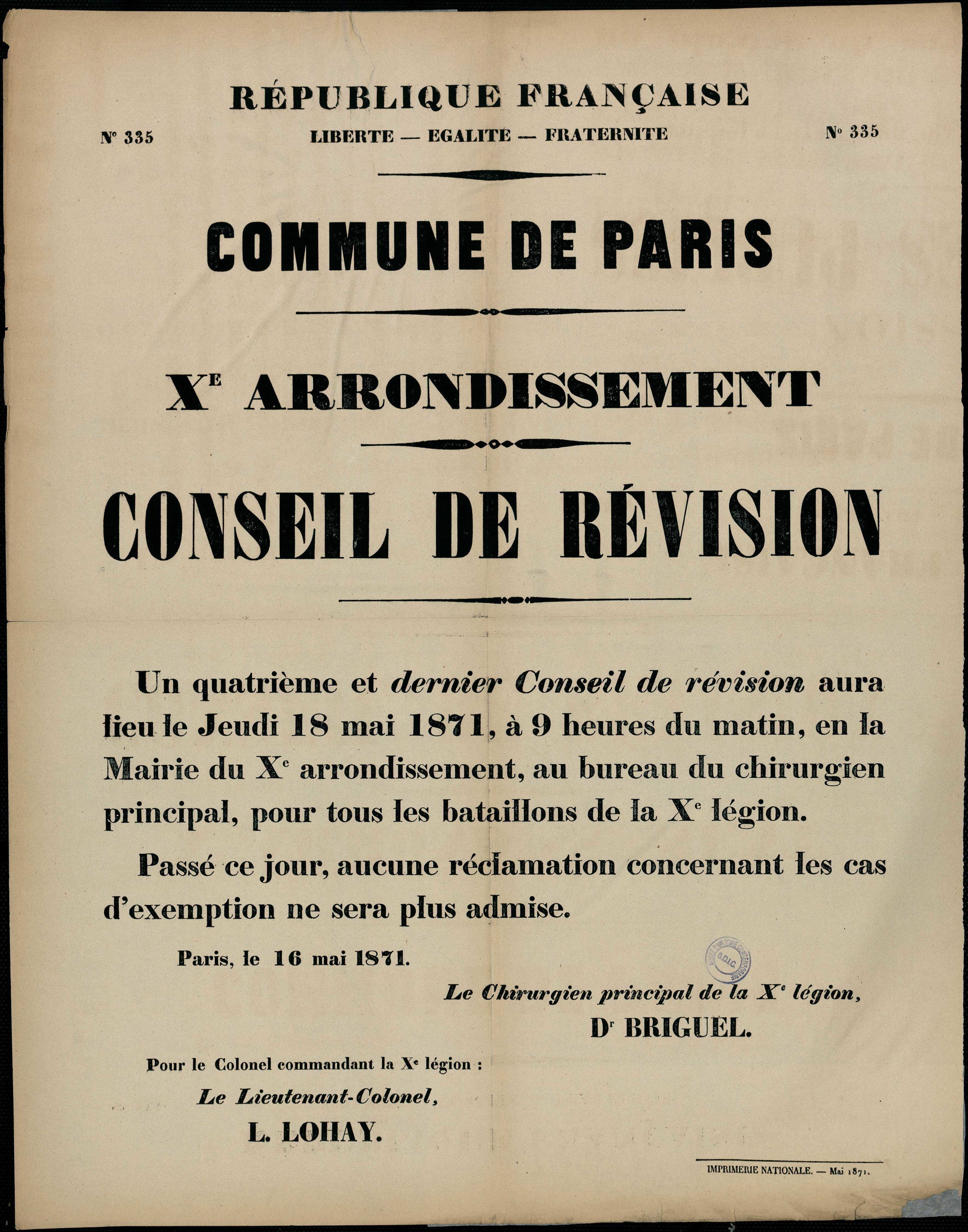 Affiche de la Commune N° 335 du 18 mai 1871 - Conseil de révision à Paris Xe