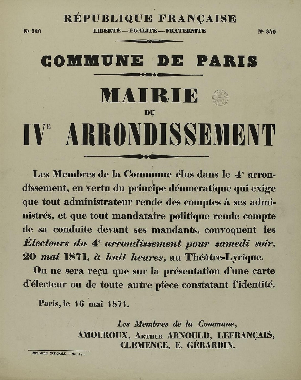 Affiche de la Commune de Paris N°340 du 16 mai 1871, Mairie du IVème, signée Amouroux (source : La Contemporaine – Nanterre / argonnaute.parisnanterre.fr)