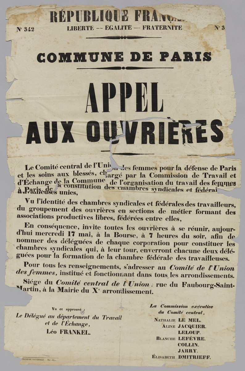 Affiche de la Commune N° 342 du 18 mai 1871 - Appel aux ouvrères (source : La Contemporaine – Nanterre / argonnaute.parisnanterre.fr)