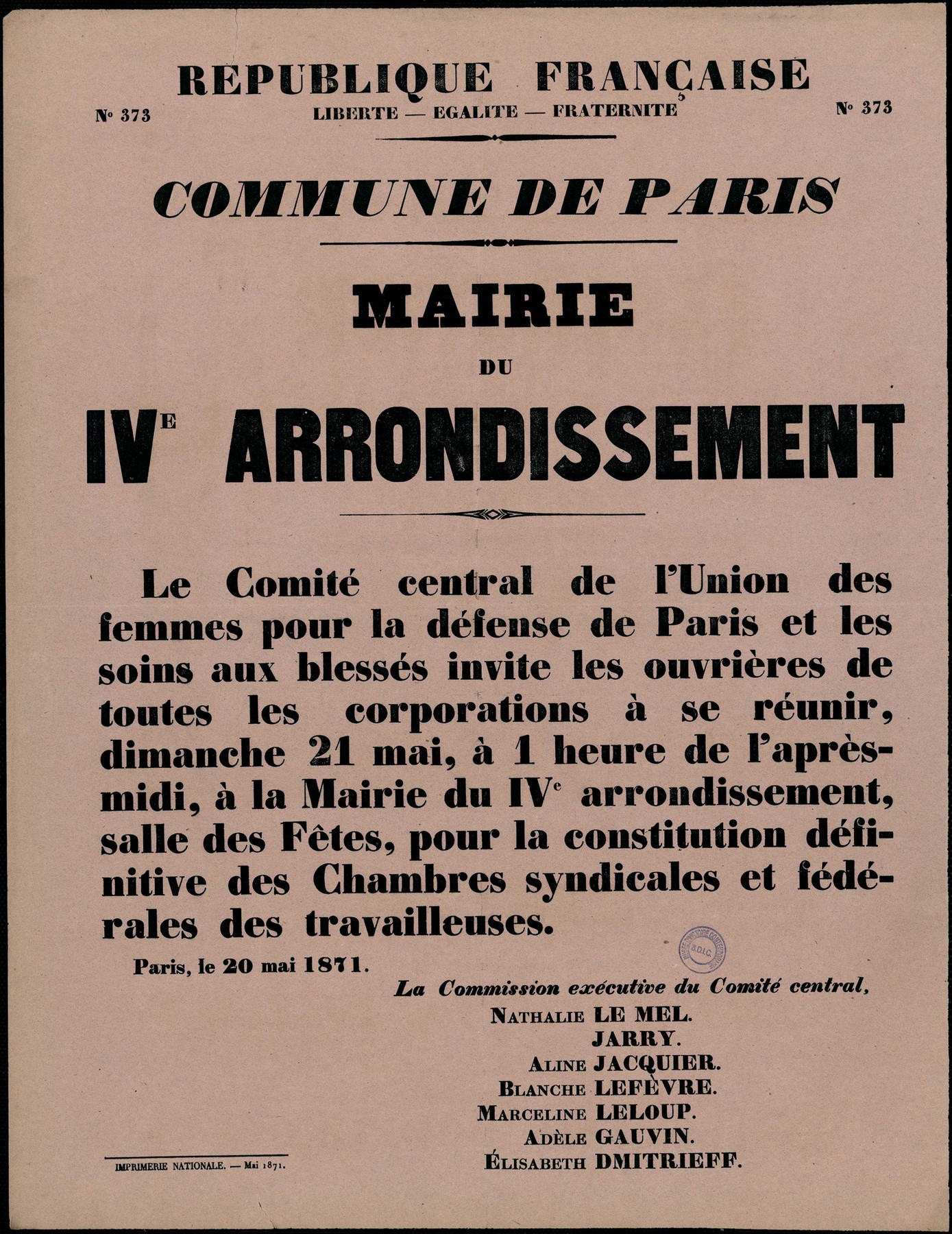 Affiche de la Commune de Paris N° 373 du 20 mai 1871 - Union des femmes de Paris 4ème (source : La Contemporaine – Nanterre / argonnaute.parisnanterre.fr)