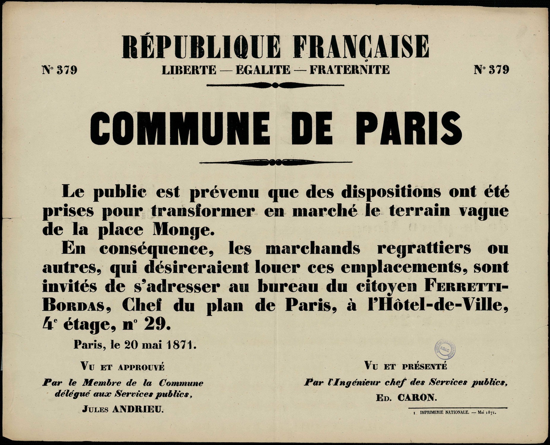 Affiche de la Commune de Paris N° 379 du 20 mai 1871 - Marché place Monge à Paris 5ème (source : La Contemporaine – Nanterre / argonnaute.parisnanterre.fr)