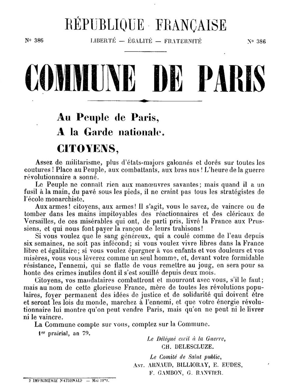 Affiche de la Commune N° 386 du 21 mai 1871 signée Delescluze