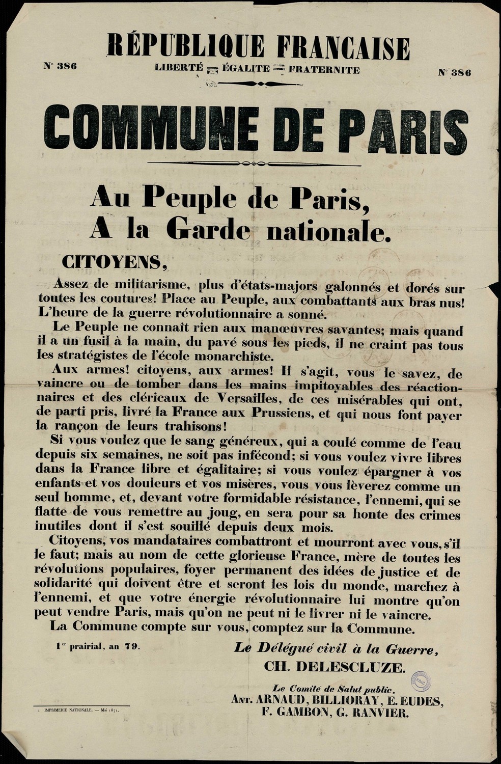 Affiche de la Commune de Paris N° 386 du 1 prairial 79 (21 mai 1871) Au Peuple de Paris (Delescluze)