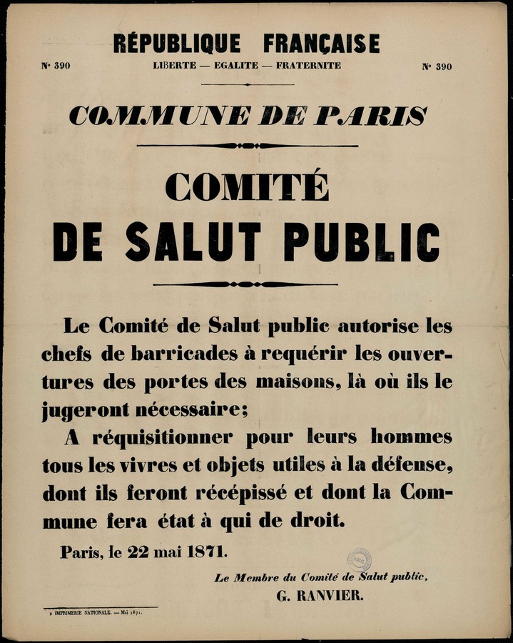 Affiches de la Commune de Paris  N°390 du 22 mai 1871 signée de Ranvier (source : La Contemporaine – Nanterre / argonnaute.parisnanterre.fr)