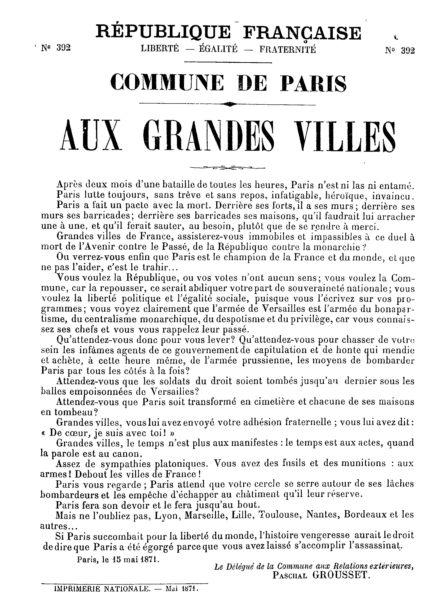 Affiche de la Commune 1871 : Appel aux grandes villes 15 mai 1871