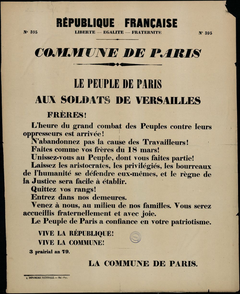 Affiche de la Commune de Paris N°395 du 3 prairial an 79 (23 mai 1871) (source : La Contemporaine – Nanterre / argonnaute.parisnanterre.fr)