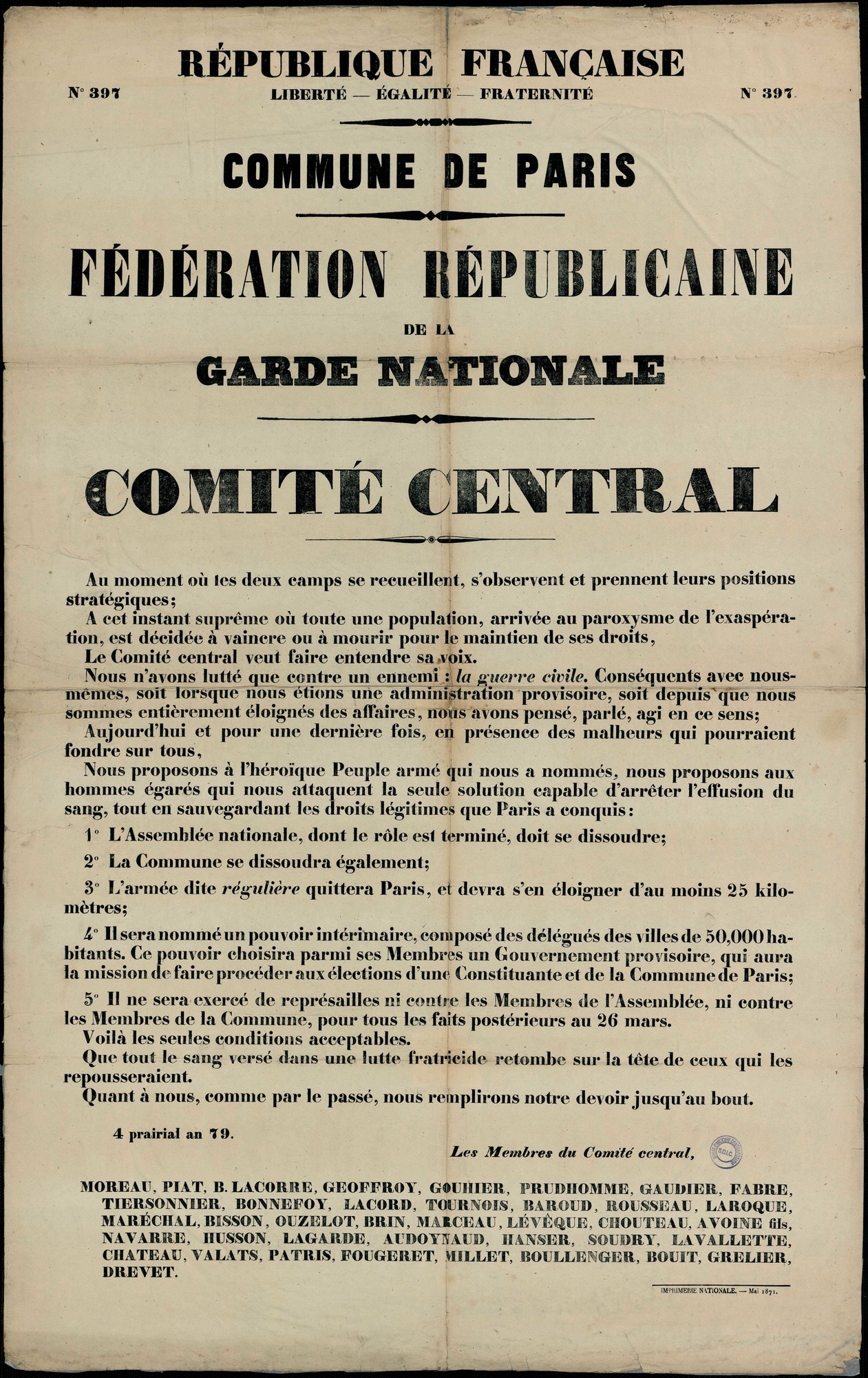 Affiche de la Commune de Paris N° 397 du 4 prairial 79 (24 mai 1871) - Cominté central - Garde nationale (source : La Contemporaine – Nanterre / argonnaute.parisnanterre.fr)