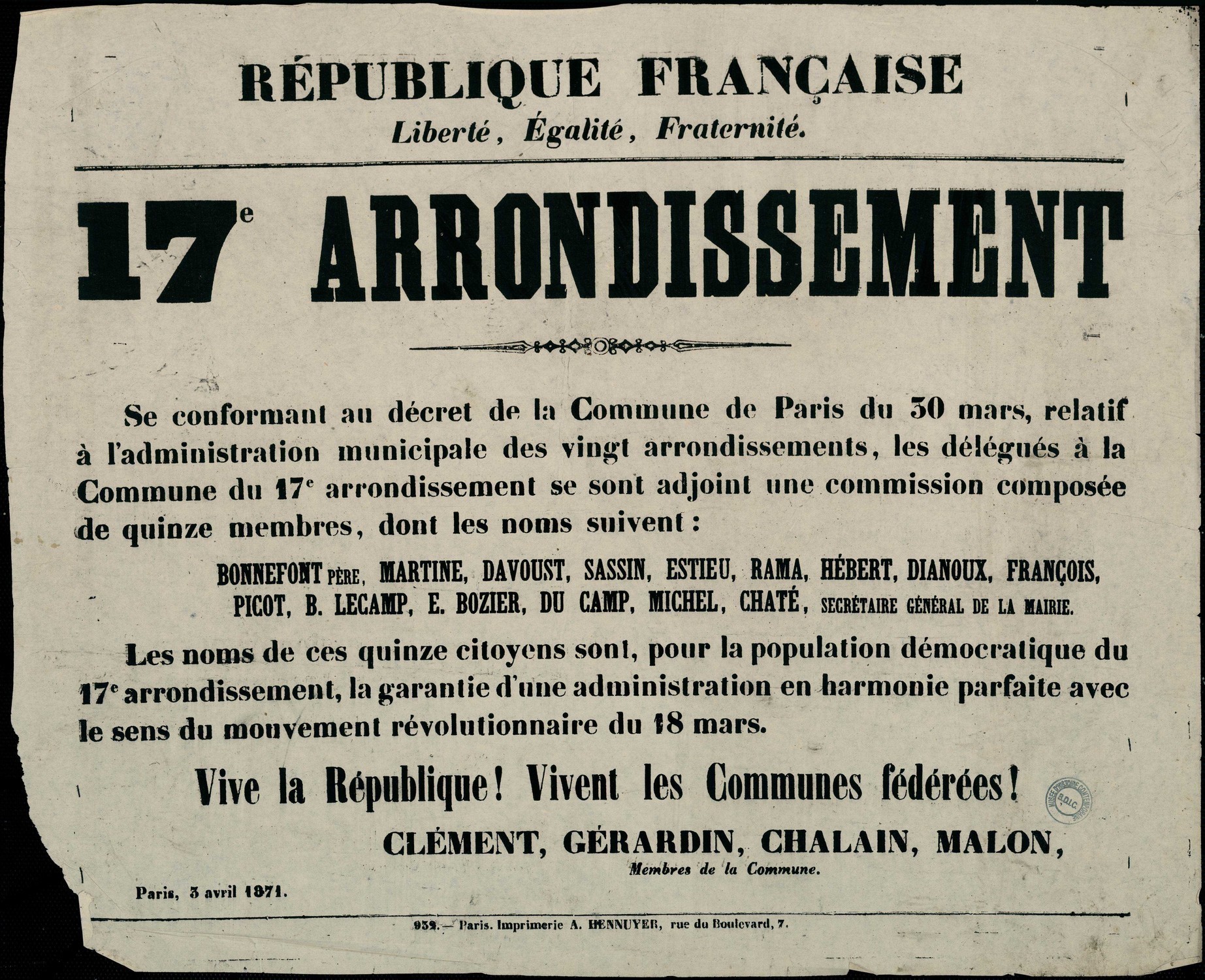 Affiche de la Commune de Paris du 3 avril 1871 - Nomination de Rama dans le XVIIe (source : La Contemporaine – Nanterre / argonnaute.parisnanterre.fr)