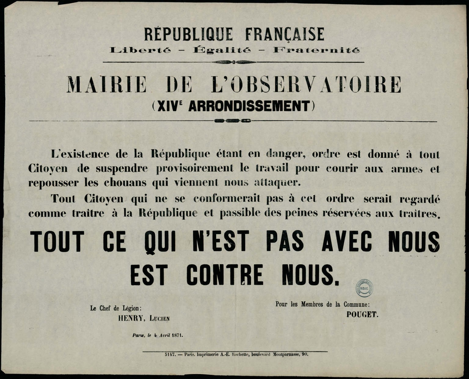 Affiche de la Commune de Paris du 4 avril 1871 - Paris IVème, appel aux armes. (source : La Contemporaine – Nanterre / argonnaute.parisnanterre.fr)