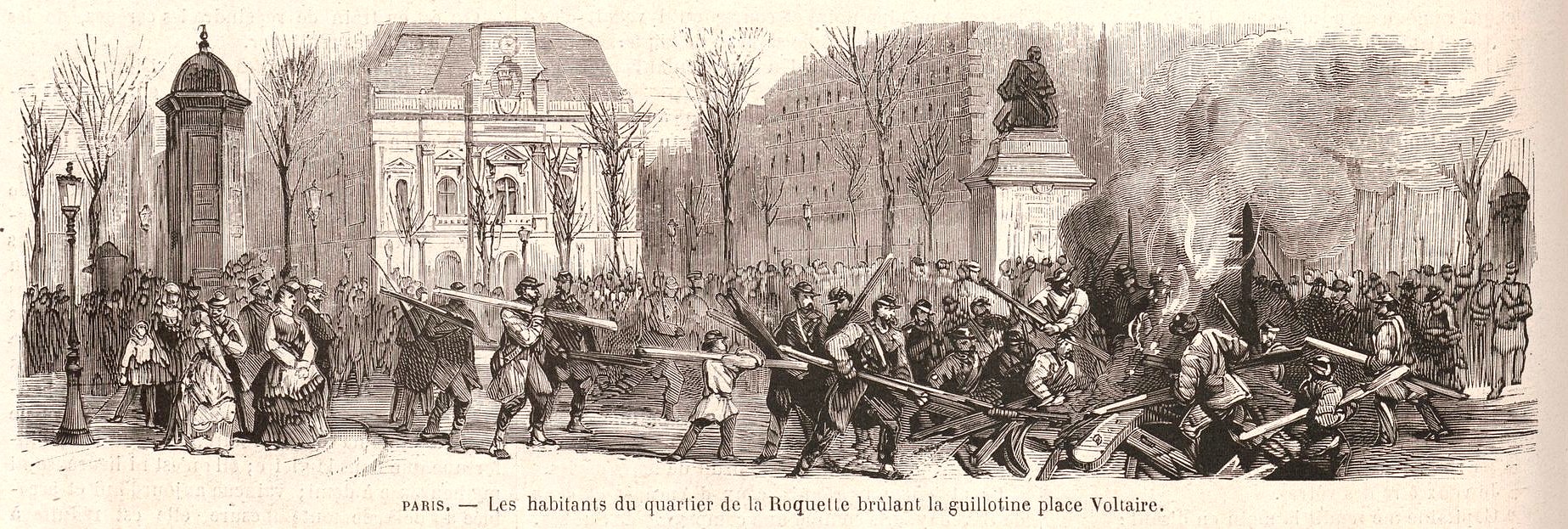 Gravure « Le Monde Illustré » du 4 avril 1871 : Les habitants du quartier de la Roquette brulant la guillotine place Voltaire