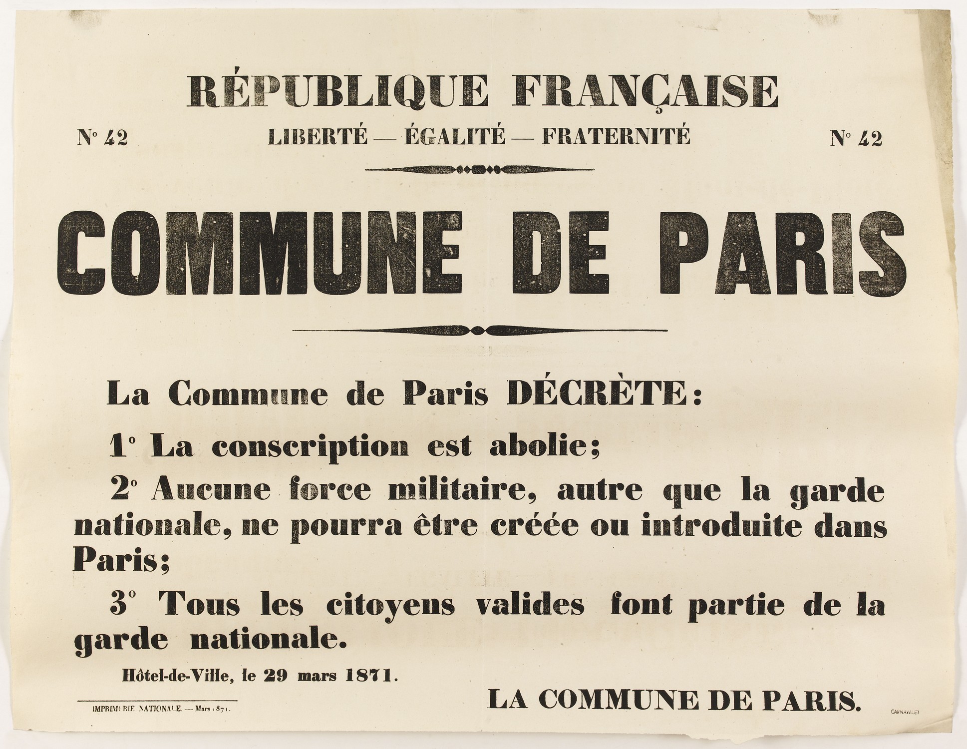 Affiche de la Commune N° 42 du 29 mars 1871 - Abolition de la conscription
