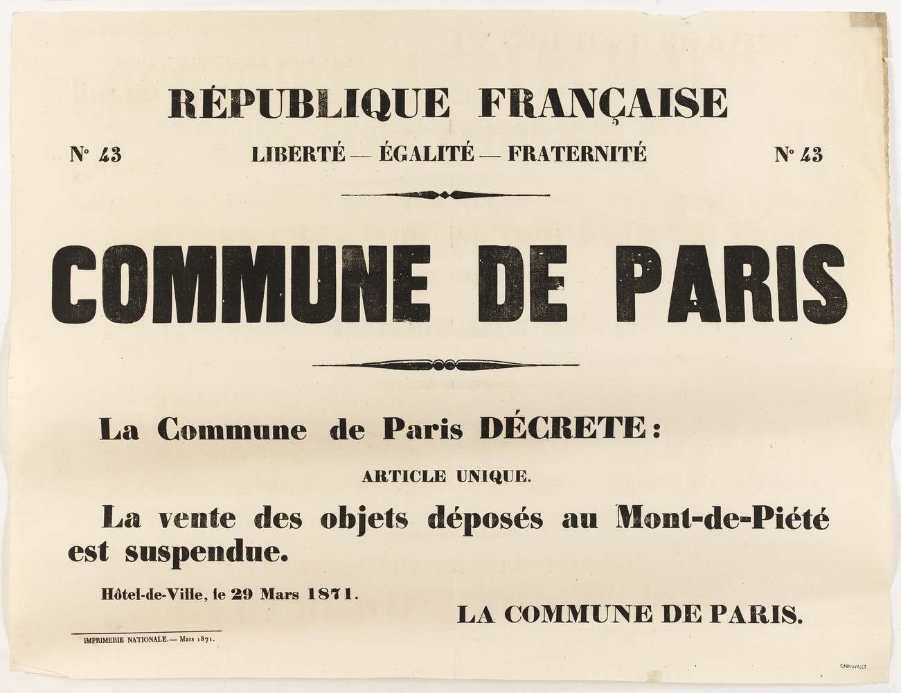 Affiche de la Commune de Paris N° 43 du 29 mars 1871 - Décret Mont-de-Piété (Source : argonnaute.parisnanterre.fr)
