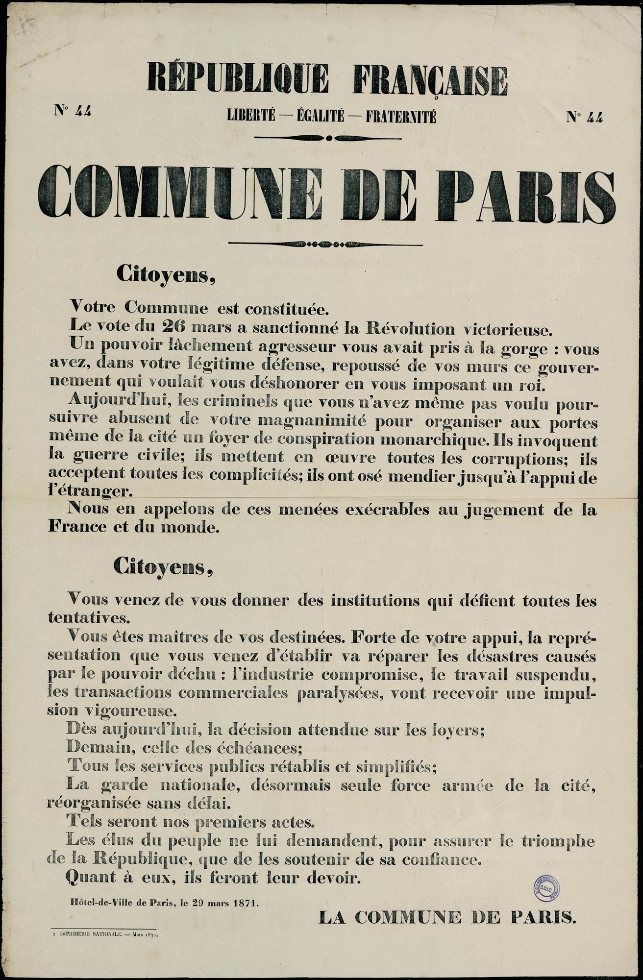 Affiche de la Commune de Paris N°44 du 29 mars 1871 - La Commune de Paris aux citoyens (source : La Contemporaine – Nanterre / argonnaute.parisnanterre.fr)