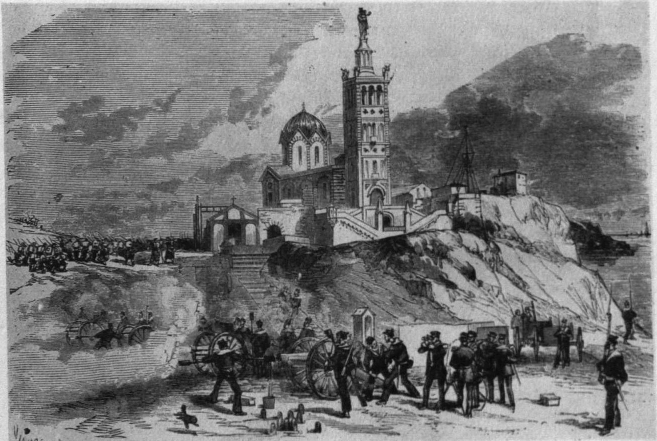 Marseille Notre-Dame de la Bombarde le 4 avril 1871 - Estampe décrivant le bombardement de la préfecture de Marseille par les troupes du général Espivent de La Villesboisnet durant la Commune de Marseille (Musée du Vieux Marseille)
