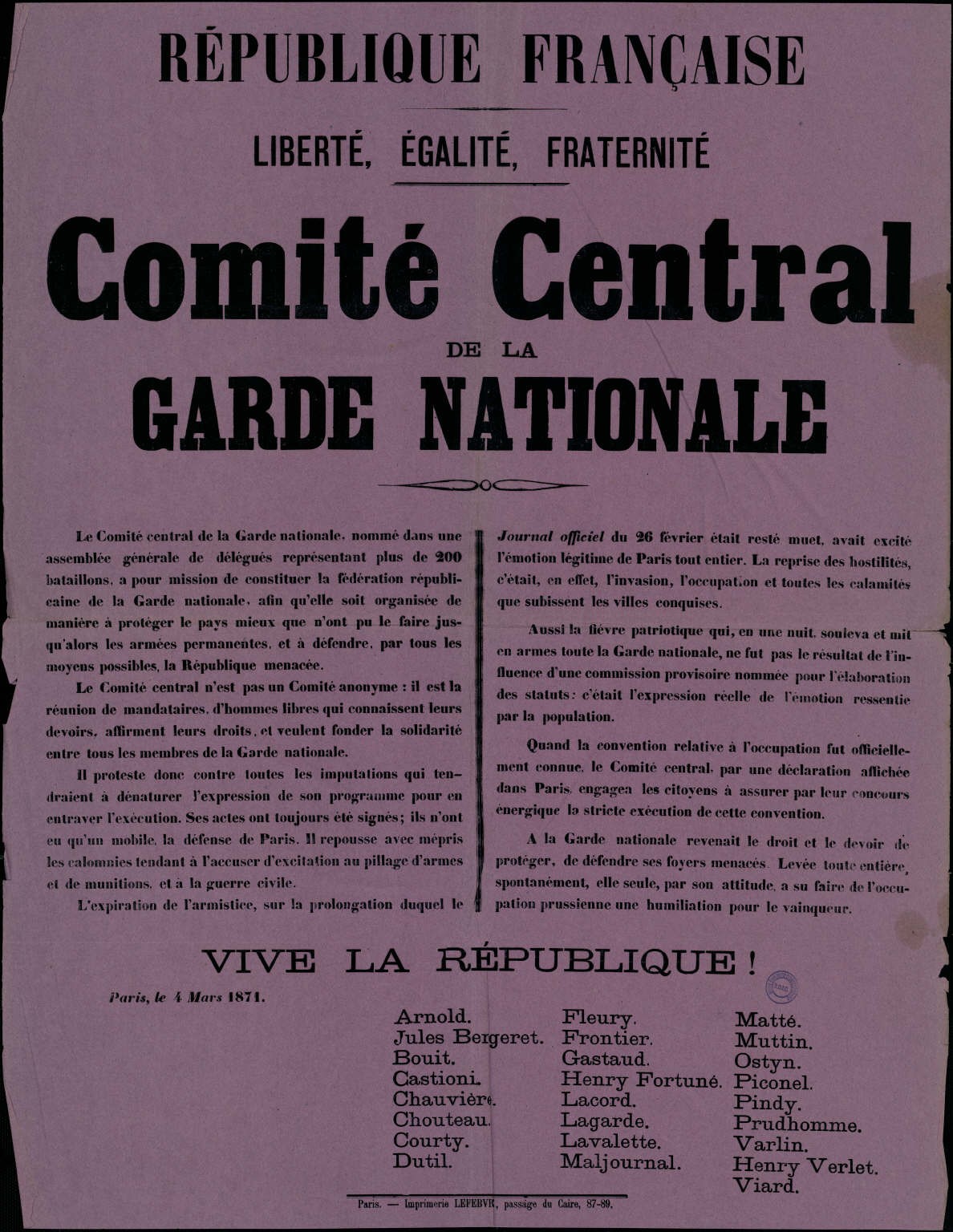 Affiche du 4 mars 1871 - Comité Central de la Garde nationale,  constitution de la Fédération Républicaine (source : La Contemporaine – Nanterre / argonnaute.parisnanterre.fr)