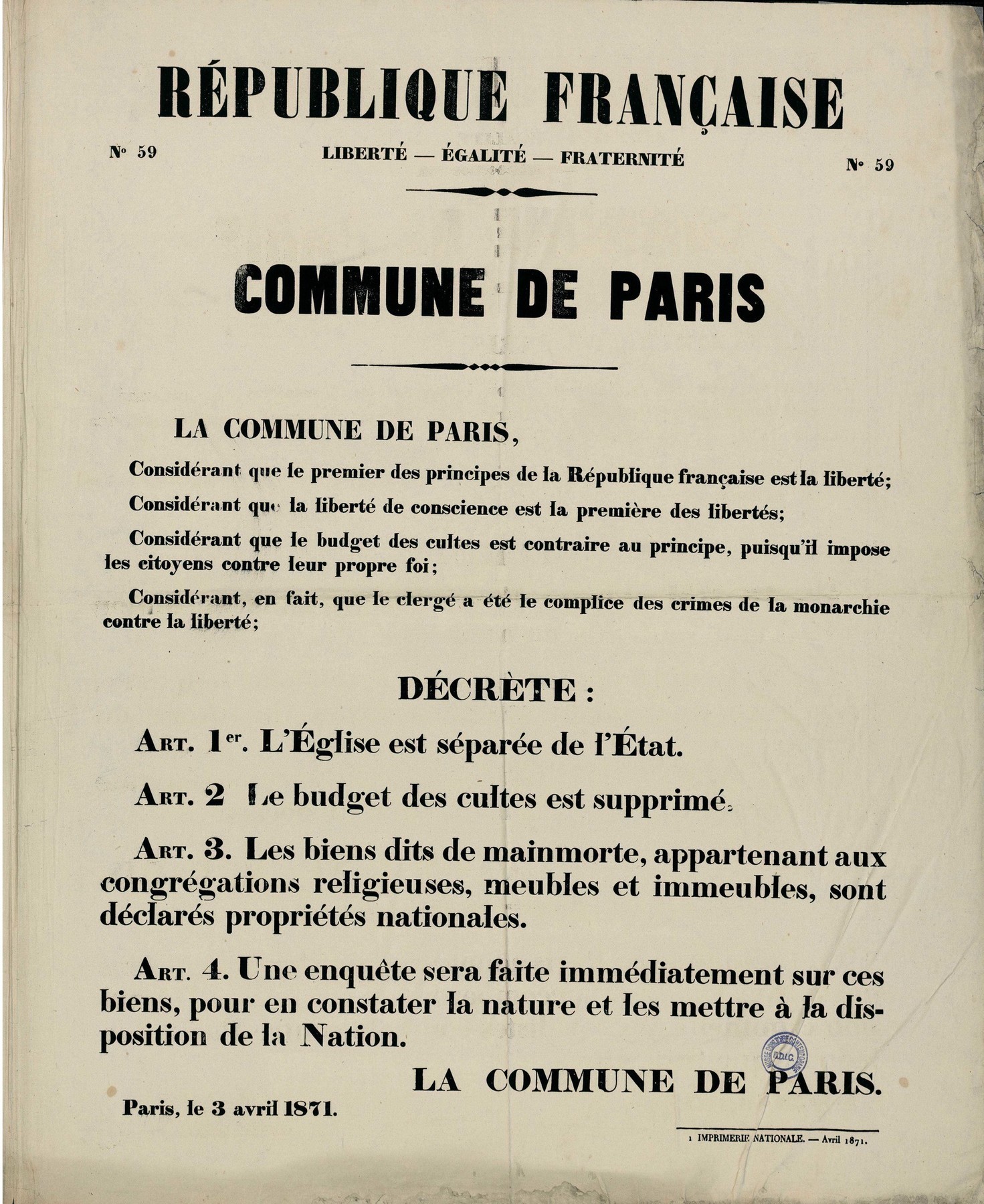 Affiche de la Commune de Paris n° 59 du 3 avril 1871 - Séparation des Églises et de l'État