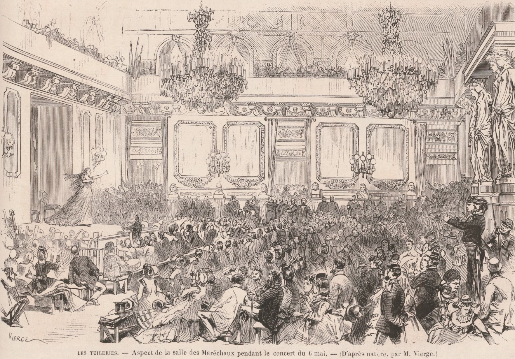6 mai 1871, concert aux Palais des Tuileries, salle des Maréchaux - Dessin de Vierge (Le Monde Illustré mai 1871)