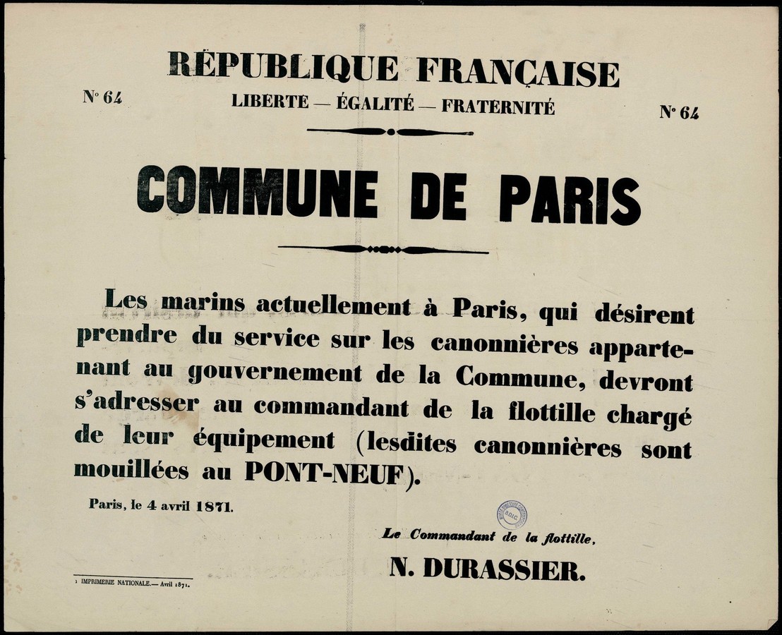 Affiche de la Commune de Paris N°64 du 4 avril 1871 - Enrôlement de marins, Durassier (source : La Contemporaine – Nanterre / argonnaute.parisnanterre.fr)