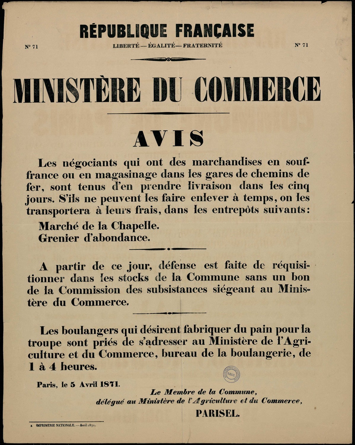 Affiche de la Commune de Paris N° 71 du 5 avril 1871 - Avis du Ministère du Commerce