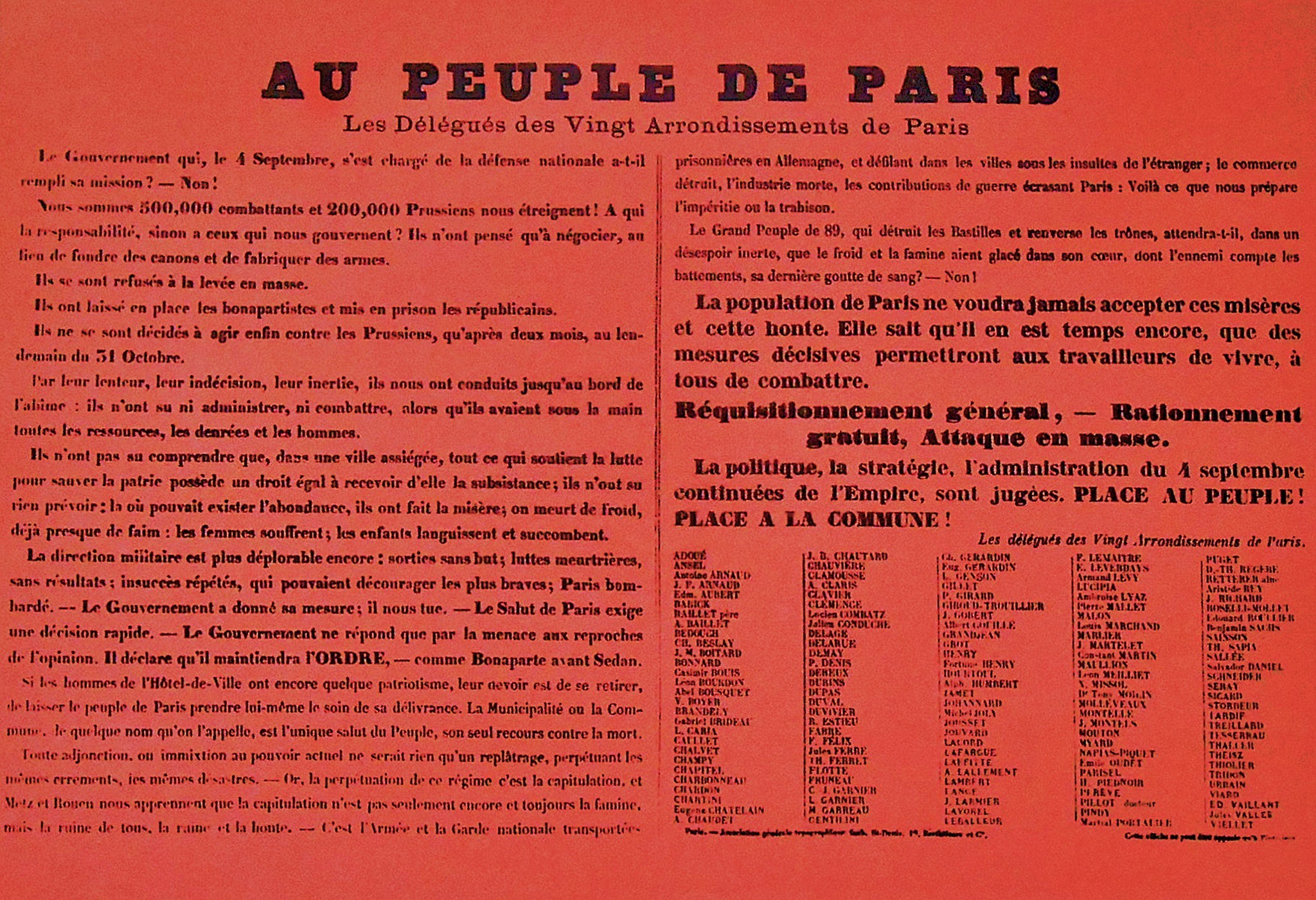 Affiche rouge du 6 janvier 1871 - Au Peuple de Paris, Les délégués de vingt arrondissements de Paris