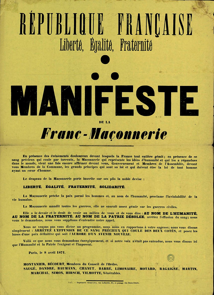 Affiche de la Commune de Paris du 8 avril 1871 - Manifeste de la Franc-Maçonnerie (Source : argonnaute.parisnanterre.fr)