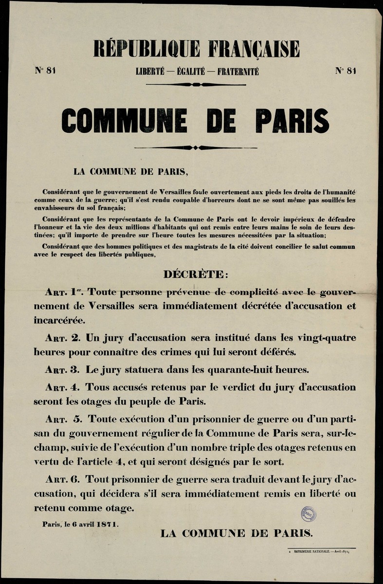Affiche de la Commune n° 81 du 6 avril 1871 - Décret sur les otages (source : La Contemporaine – Nanterre / argonnaute.parisnanterre.fr)