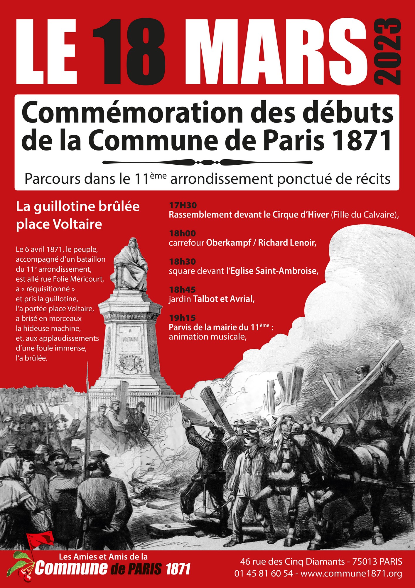 Affiche de la commémoration de la Commune du 18 mars 2023 - Le 6 avril 1871, les bois de la guillotine sont brulés aux pieds de la statue de Voltaire, devant la mairie du XIe arrondissement - Gravure pour L'Univers illustré du 15 juillet 1871
