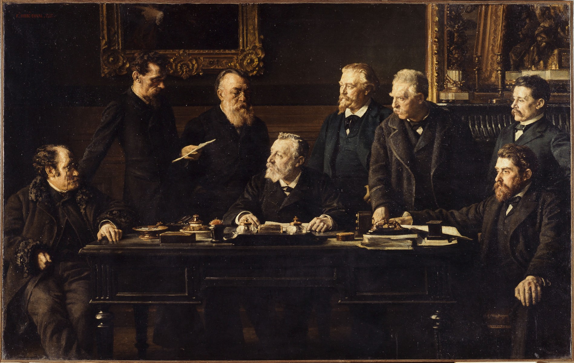 Le bureau du Conseil Municipal, en juillet 1883. Peinture de Félix Jobbe-Duval, Réunis autour du président Henri Mathé, assis au centre, de gauche à droite : Camille Dreyfus, secrétaire ; Gustave Mesureur, syndic ; Alphonse Darlot, vice-président ; Émile Level, secrétaire ; Félix Jobbé-Duval, vice-président ; Joseph Michelin, assis, secrétaire ; Charles Amouroux, secrétaire. (Musée Carnavalet, Histoire de Paris)