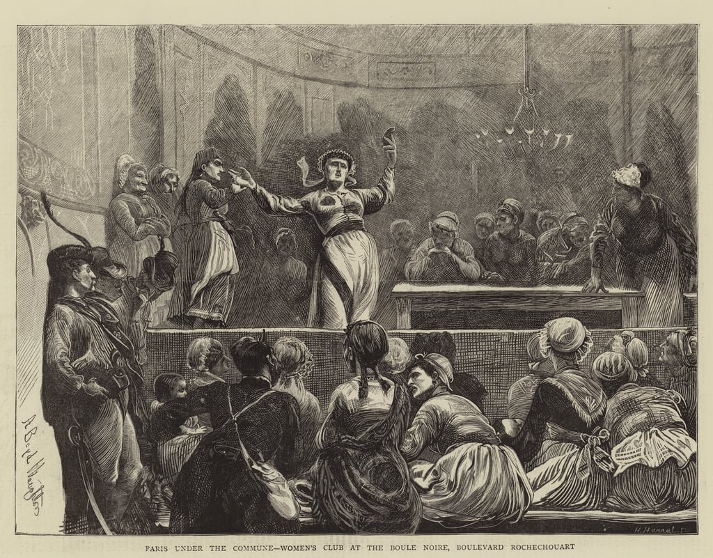 Club de femmes sous la Commune de Paris Club de femmes sous la Commune de Paris - La Boule Noire, boulevard Rochechouart - Dessin de Arthur Boyd Houghton (Collection particulière)