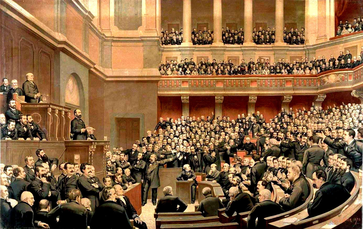 Assemblée nationale de Versailles - Lors de la séance du 16 juin 1877, les députés de l'opposition, contestant la légitimité du Cabinet ministériel, interpellent le Gouvernement Thiers. (tableau de Jules Garnier 1878)