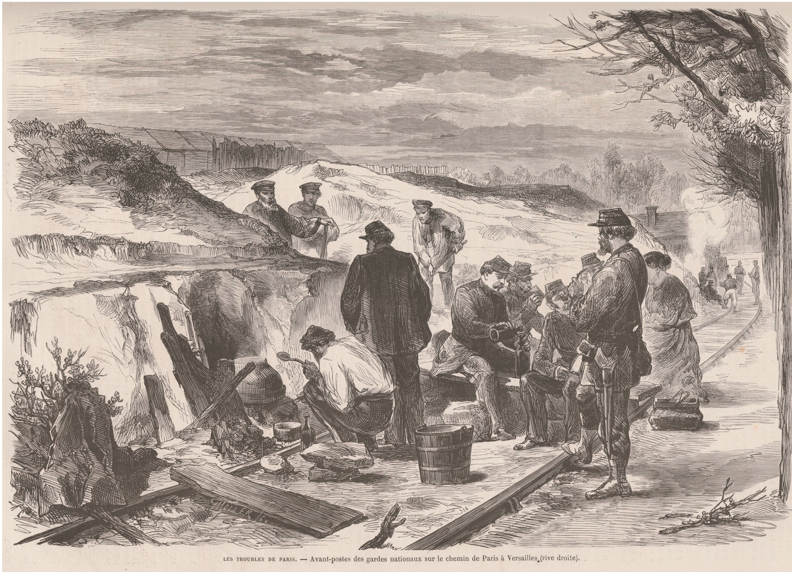 Avant-postes des gardes nationaux sur le chemin de Paris à Versailles. (rive droite) (Source : Le Monde Illusté du 8 avril 1871)