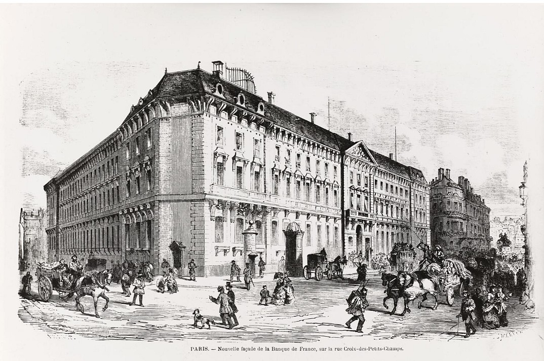 Façade de la Banque de France sur la rue Croix-des-Petits-Champs (1er arrondissement, Paris). Reproduction d'une gravure parue dans l'Illustration en 1872 (source : © Musée Carnavalet – Histoire de Paris)