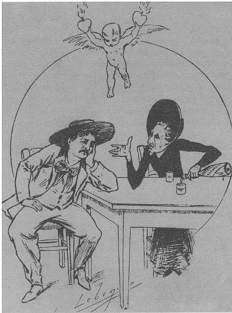 Caricature versaillaise de Lebegue montrant Maxime Lisbonne se faisant servir du pétrole naturel par Louise Michel. (source : Gavroche N°141-142)