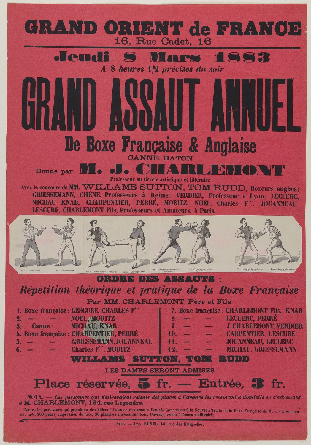 Affiche de 1883 annonçant le "Grand assaut annuel" de Boxe Française et Anglaise, canne et bâton donné par Joseph Charlemont (Paris Musées, Musée Carnavalet)