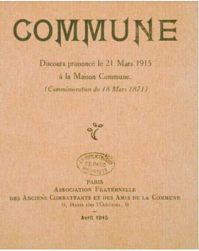Couverture du discours d'Edmond Goupil, Les origines de la Commune, Association fraternelle des Anciens combattants et des Amis de la Commune, 1915