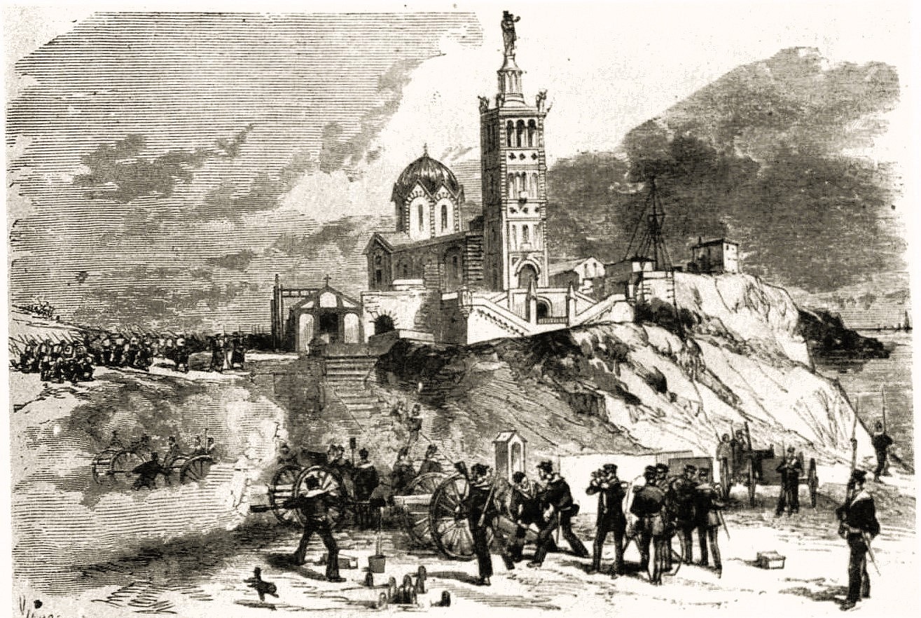 « Marseille bombardée le 4 avril 1871 » durant l'état de siège, estampe Le 4 avril 1871, depuis le fort Saint-Nicolas et la colline de la Garde, le général Espivent fait bombarder les insurgés marseillais retranchés dans la préfecture. Au total, 280 obus s'abattent sur le bâtiment jusqu'à ce que la résistance tombe le lendemain matin. Dessin de Daniel Vierge, Musée du vieux Marseille.