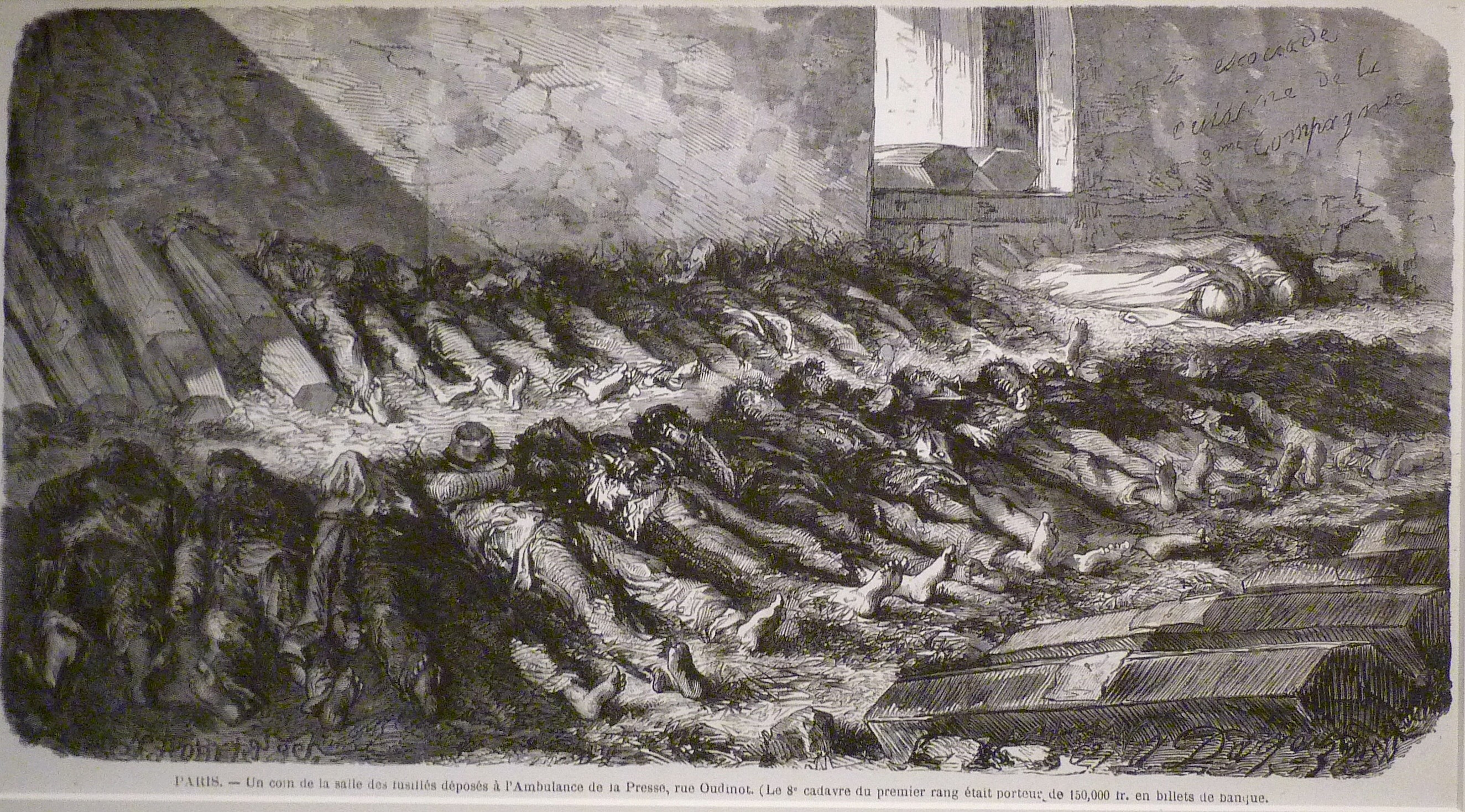 Cadavres de communards déposés dans une salle des ambulances de la Presse, rue Oudinot (7e arrond.), gravure d'Alfred Darjou  (l'Illustration du 3 juin 1871 - Bibliothèque historique de la Ville de Paris)