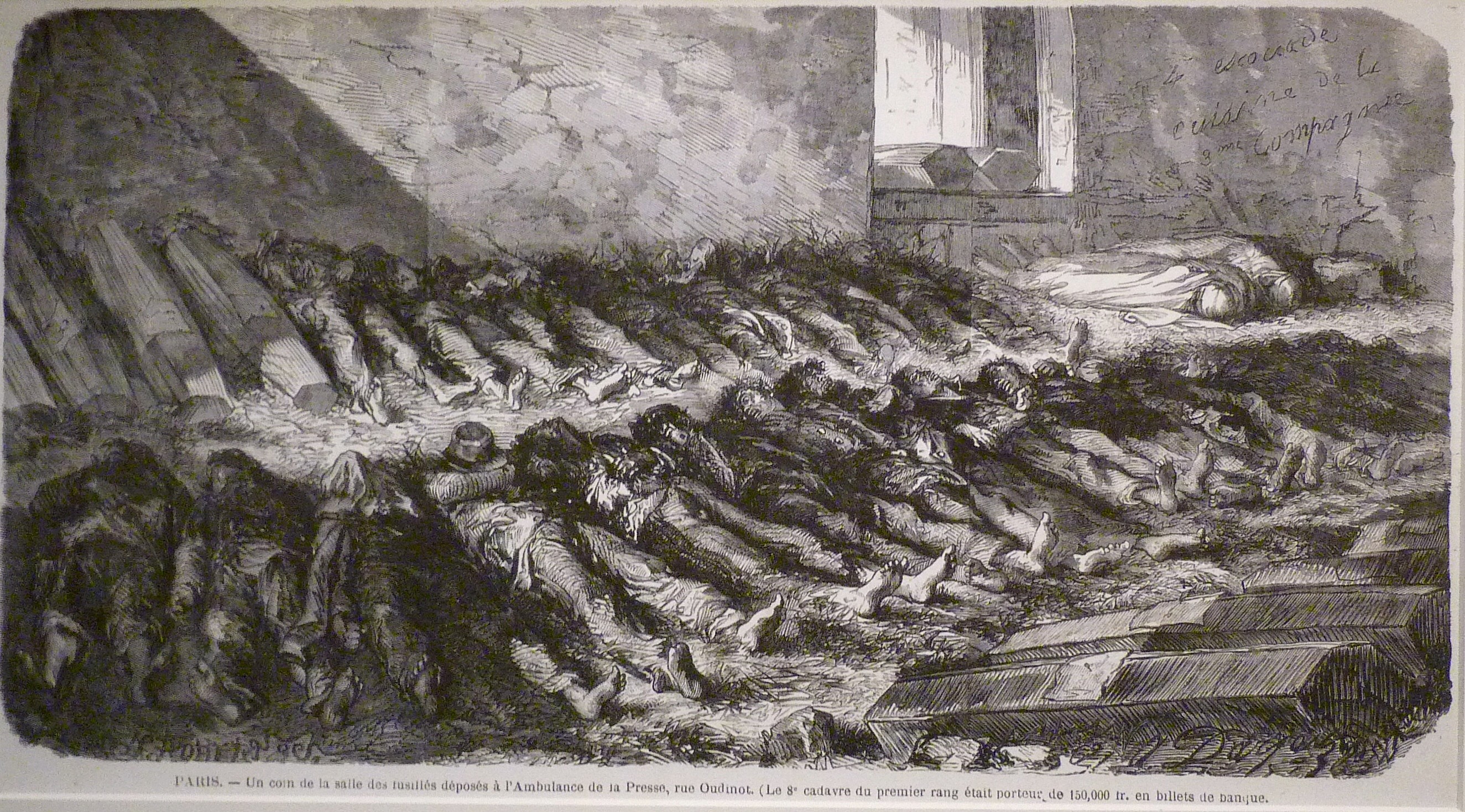 Cadavres de communards déposés dans une salle des ambulances de la Presse, rue Oudinot (7e arrond.), gravure d'Alfred Darjou (l'Illustration du 3 juin 1871 - Bibliothèque historique de la Ville de Paris) Cadavres de communards déposés dans une salle des ambulances de la Presse, rue Oudinot (7e arrond.), gravure d'Alfred Darjou (l'Illustration du 3 juin 1871 - Bibliothèque historique de la Ville de Paris)