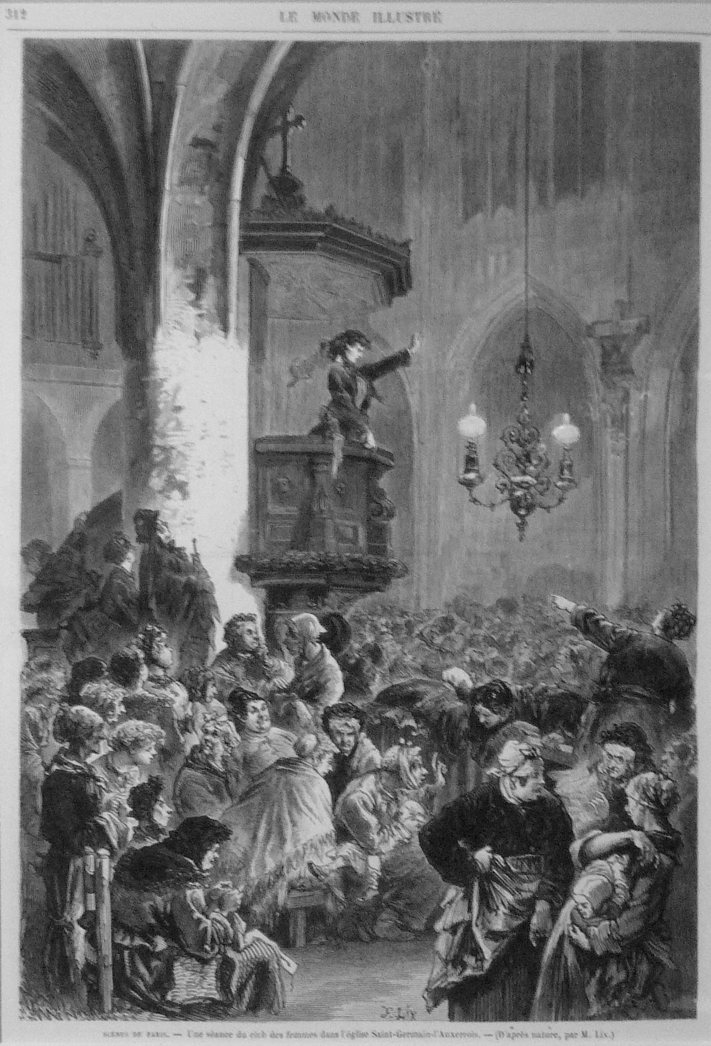 « Une séance du Club des Femmes dans l'église Saint-Germain-l'Auxerois » - Gravure de Frédéric Lix pour Le Monde illustré du 20 mai 1871 (Bibliothèque historique de la Ville de Paris)