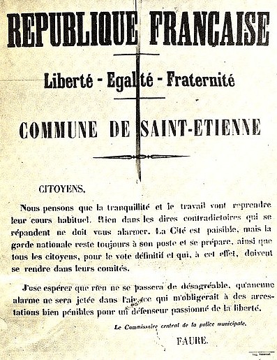 Affiche de la Commune de Saint-Étienne de 1871 appelant la population stéphanoise au calme. (source Archives municipales Saint-Étienne)