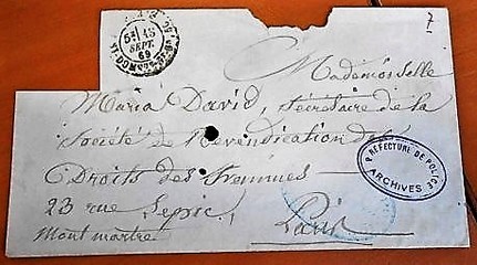 Enveloppe avec l'adresse de Marie David, avec un cachet des archives de la préfecture de police