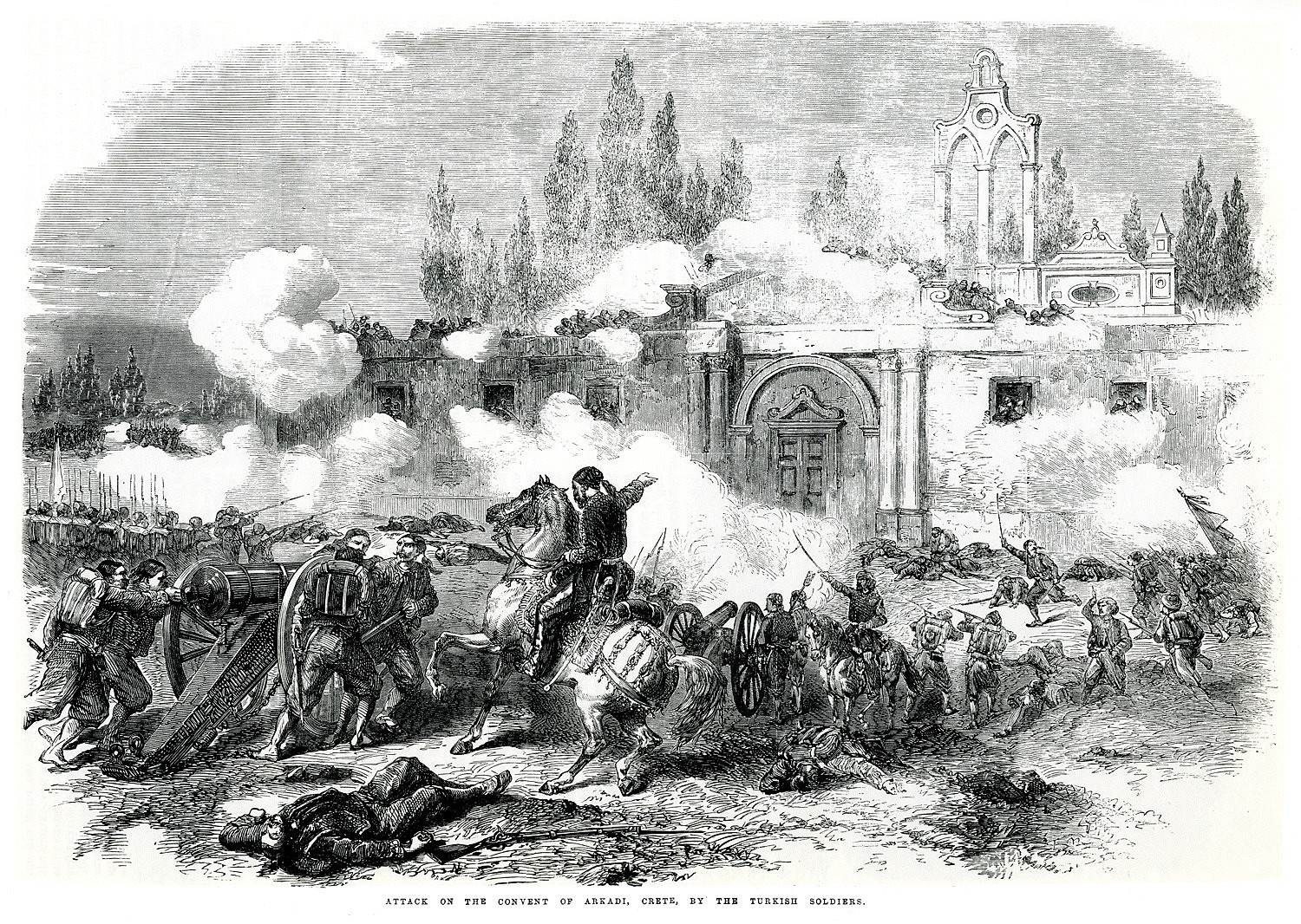 L'armée ottomane donnant l'assaut au monastère d'Arkadi en Crète (The Illustrated London News, 1867)