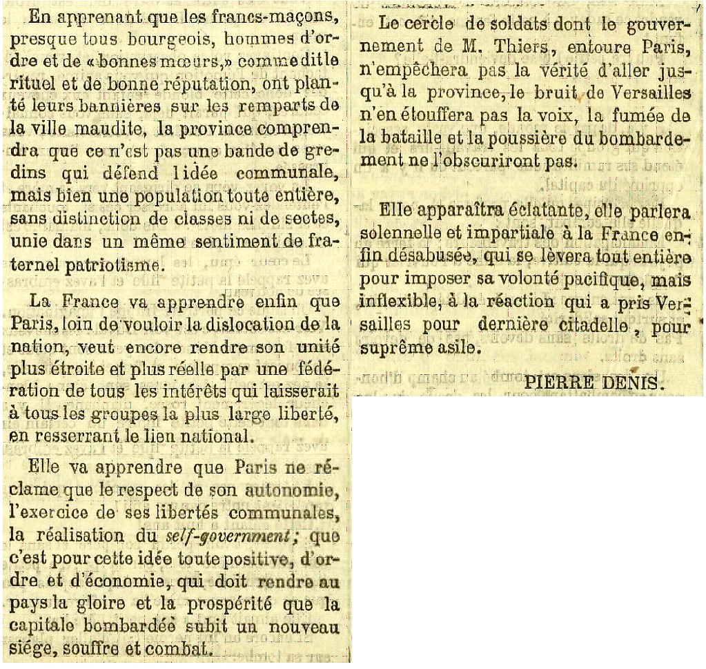 Cri du Peuple du 2 mai 1871 article de Pierre Denis (Source : archivesautonomies.org)