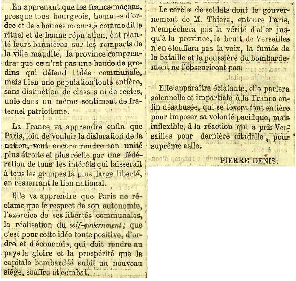 Cri du Peuple du 2 mai 1871 article de Pierre Denis (Source : archivesautonomies.org) Cri du Peuple du 2 mai 1871 article de Pierre Denis (Source : archivesautonomies.org)