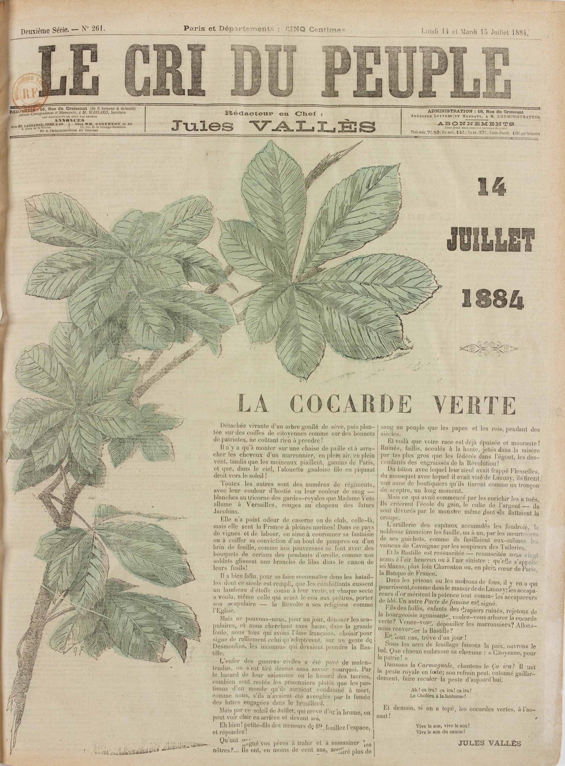"Le Cri du Peuple" de Jules Vallès 14 juillet1884 (Source : https://gallica.bnf.fr/ark:/12148/bpt6k4682490v)
