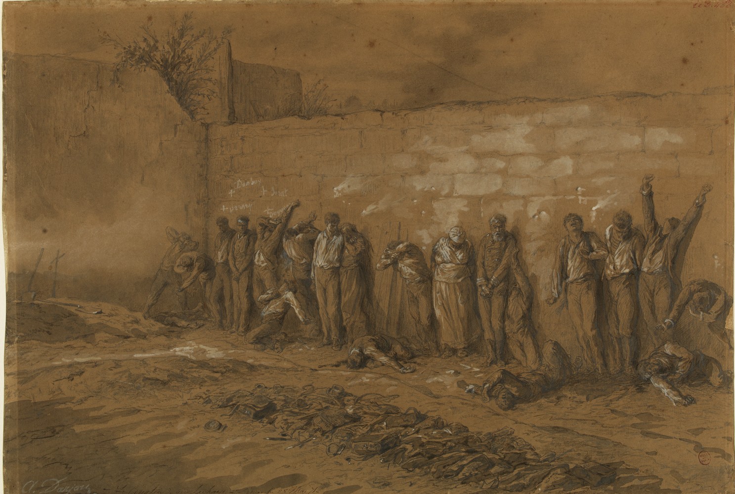 Commune de Paris 1871 - Le cimetière du Père-Lachaise, dimanche 28 mai 1871, dessin d'Henri-Alfred Darjou - Le Mur des Fédérés.