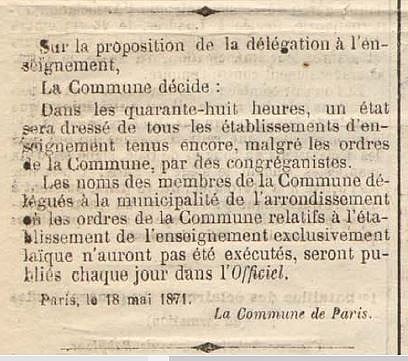 Décision de la délégation de l'enseignement concernant les écoles congréganistes du 18 mai 1871 - J.O. de la Commune du 19 mai 1871
