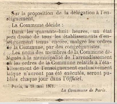 Décision de la délégation de l'enseignement concernant les écoles congréganistes du 18 mai 1871 - J.O. de la Commune du 19 mai 1871 (source : La presse communarde - archivesautonomies.org)