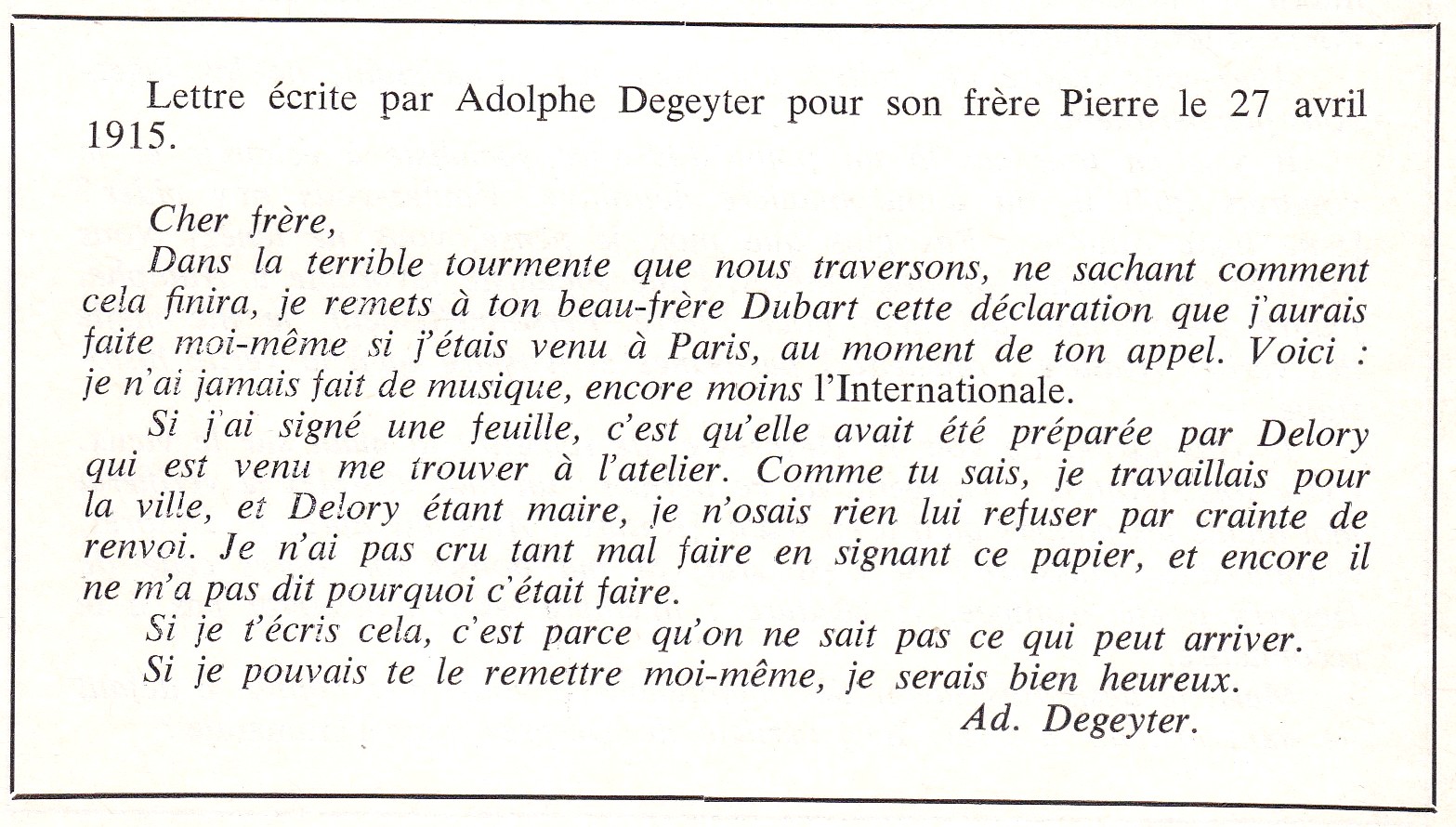 Lettre d'Adolphe Degeyter à son frère Pierre (27 avril 1927)