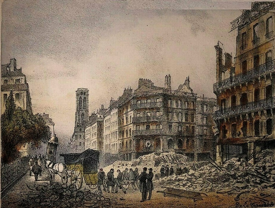 Désastre de Paris - Mai 1871, inhumation provisoire dans le square la tour Saint-Jacques - Lithographie de Louis Valentin Émile de La Tremblais ( (source : © Musée Carnavalet – Histoire de Paris)